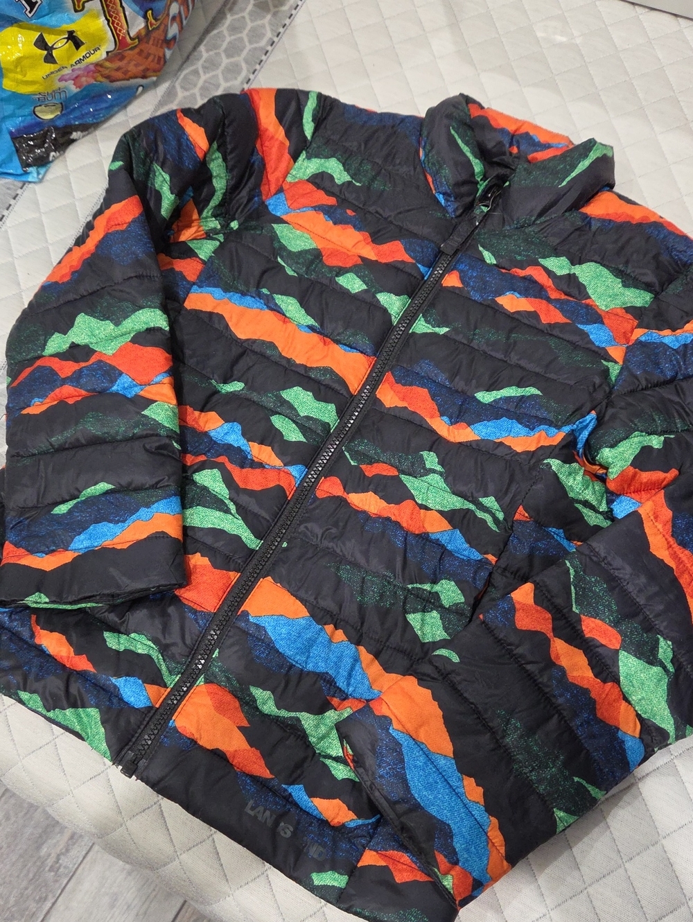 Lands' End Kids Black Colorblock Puffer Jacket with Orange, Blue & Green. Size 8